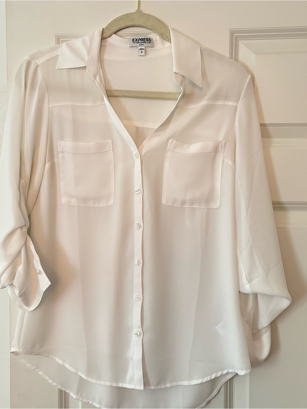 Express White Semi-Sheer Button-Front Pocket Blouse